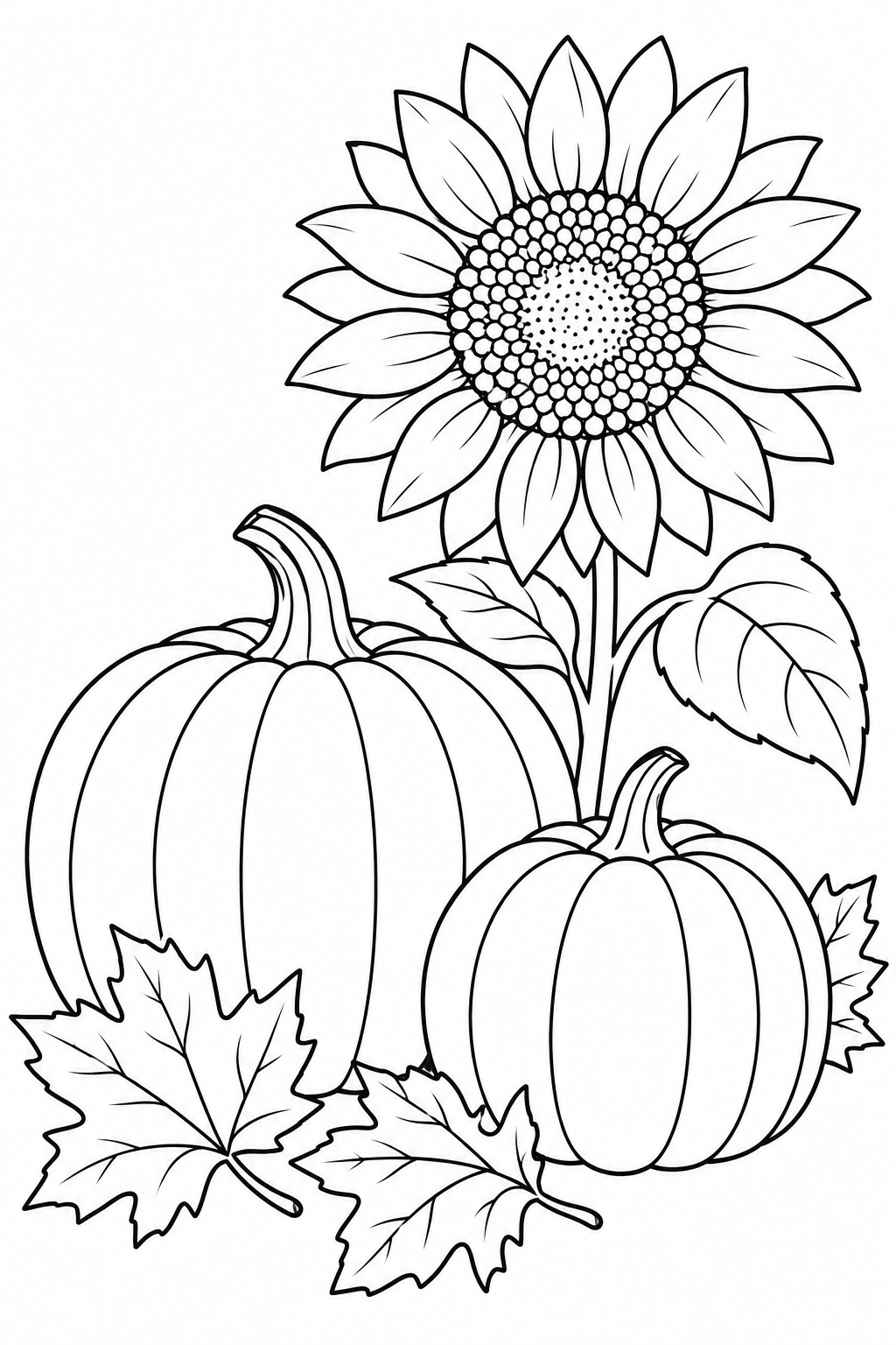 Whole pumpkins sit beside a sunflower and broad autumn leaves.