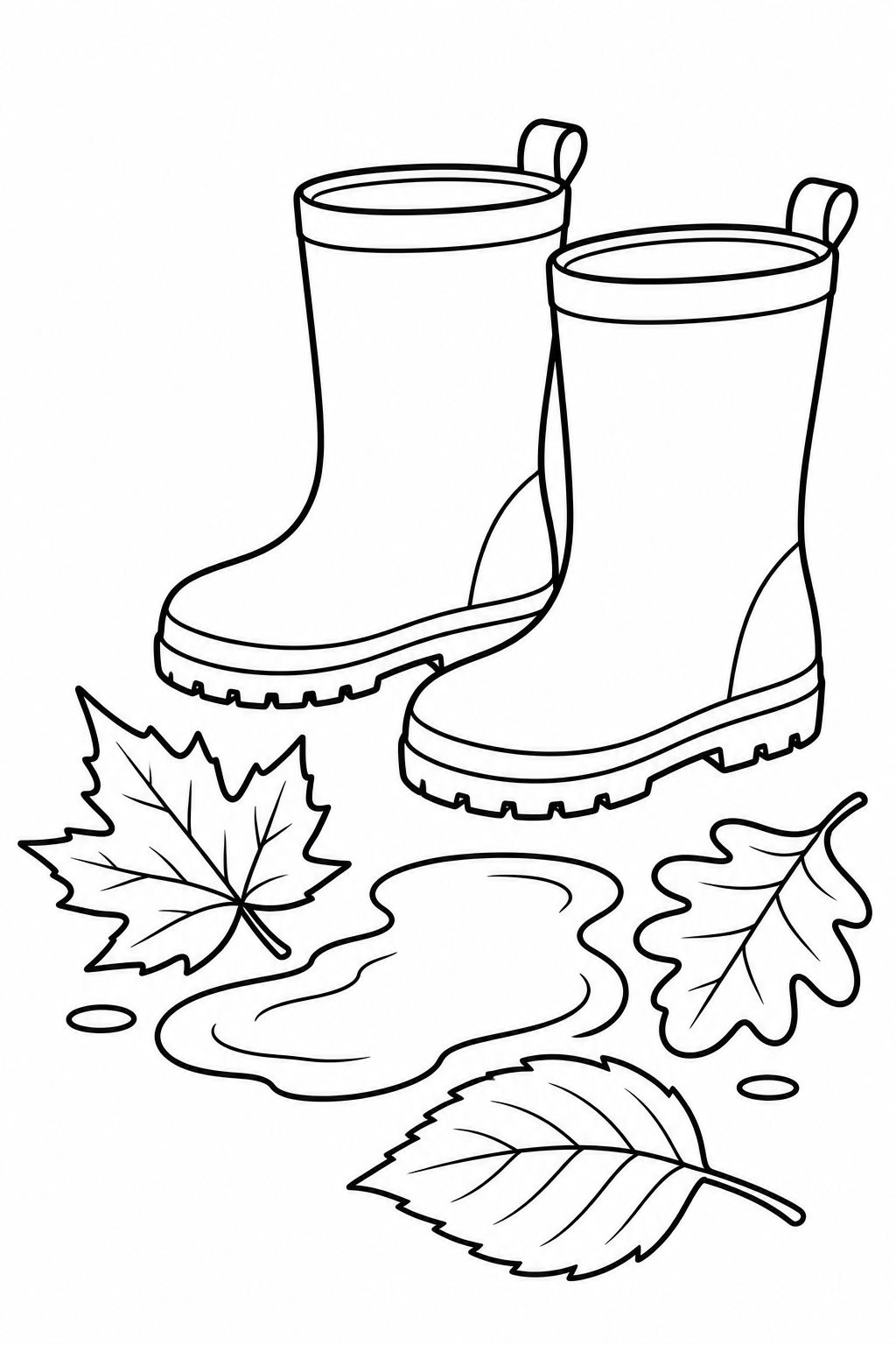 A pair of plain rain boots stands beside fallen leaves and a puddle.