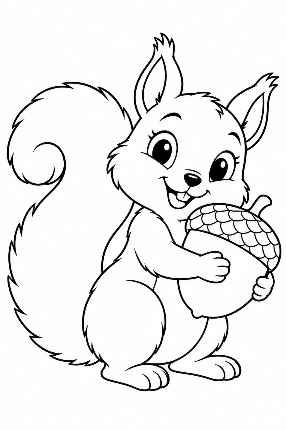A little squirrel hugs an acorn beside its big fluffy tail.