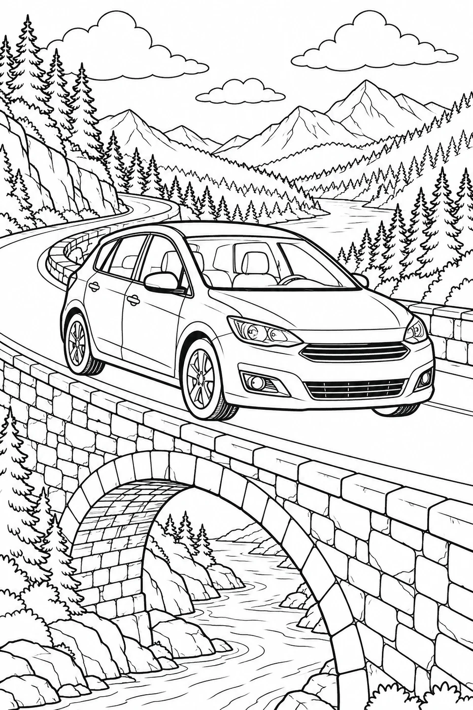 Ein Familienauto steht auf einer Steinbogenbrücke über einem Fluss, umgeben von Kiefernwäldern und Bergen.