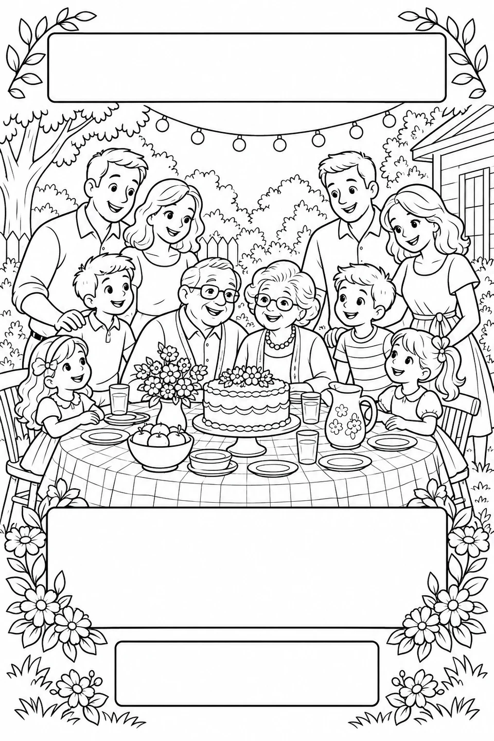 Black-and-white coloring card: A family garden celebration, with three blank writing areas.