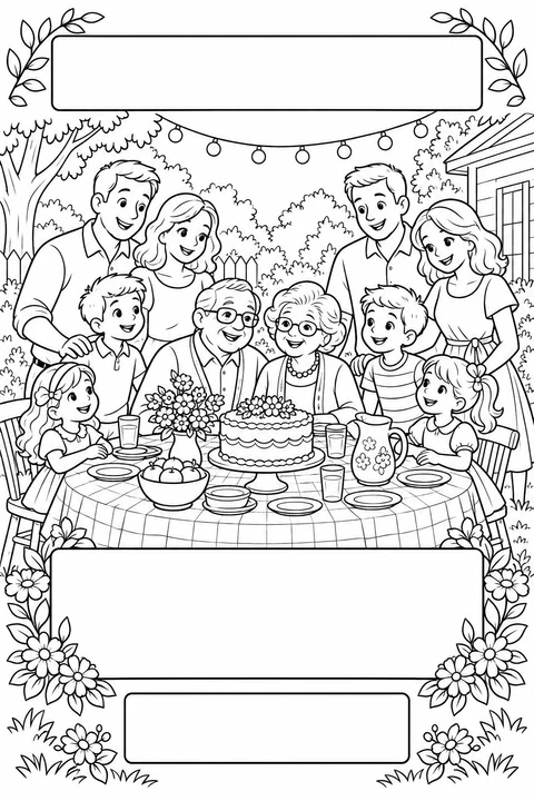 Black-and-white coloring card: A family garden celebration, with three blank writing areas.