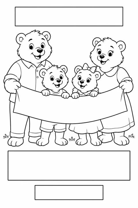 Black-and-white coloring card: Bear family together, with three blank writing areas.