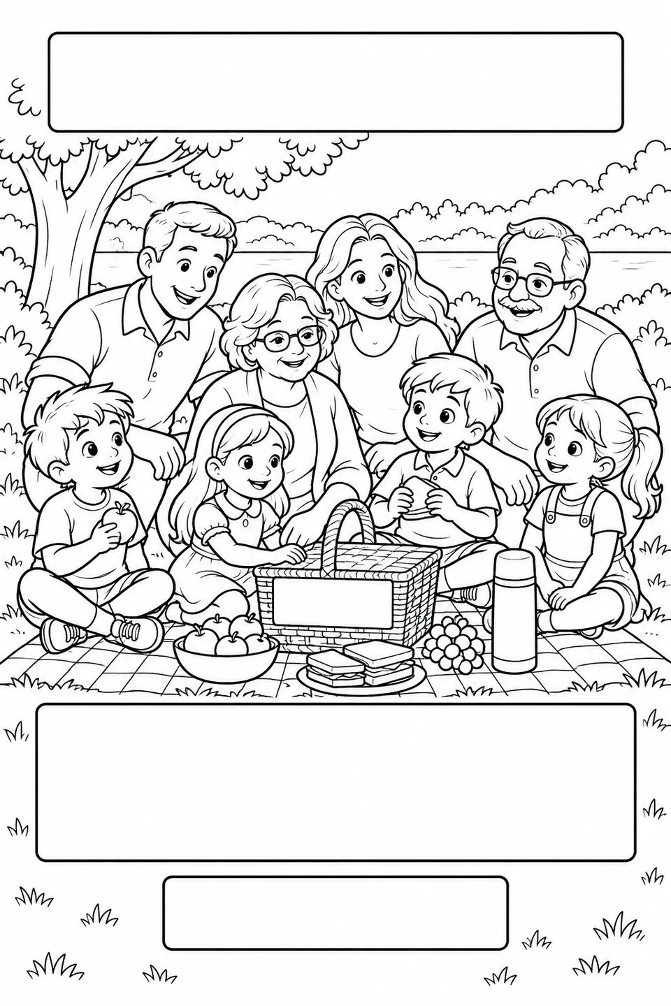 Black-and-white coloring card: A picnic with grandparents, with three blank writing areas.