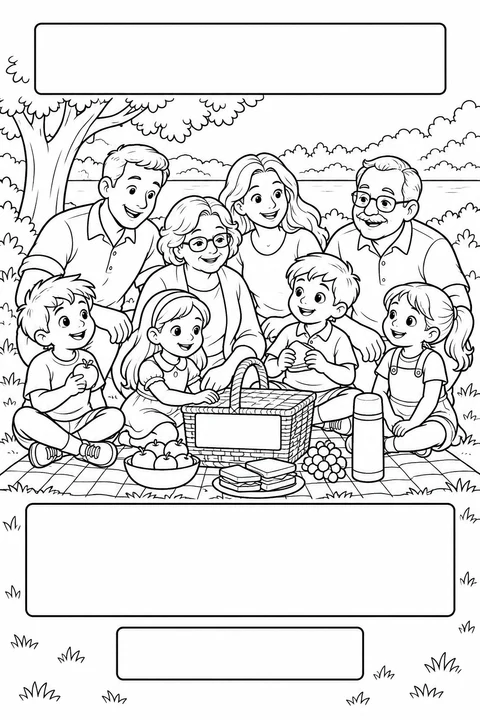 Black-and-white coloring card: A picnic with grandparents, with three blank writing areas.