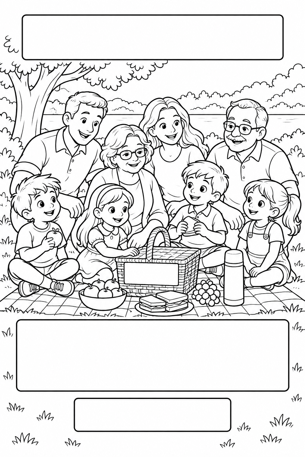 Black-and-white coloring card: A picnic with grandparents, with three blank writing areas.