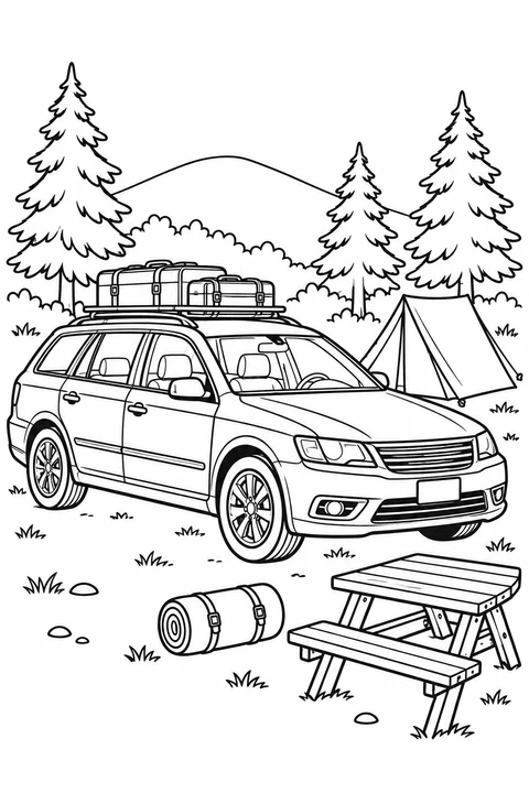 Ein Kombi mit Dachgepäck parkt zwischen Kiefern neben Zelt, gerollter Isomatte und Picknicktisch.