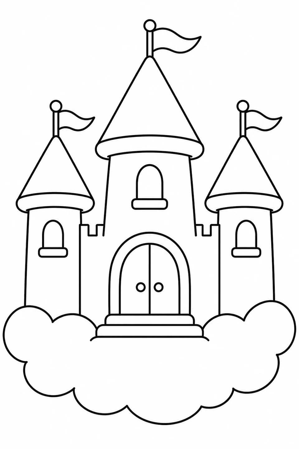 A little storybook castle rests on a soft fluffy cloud.