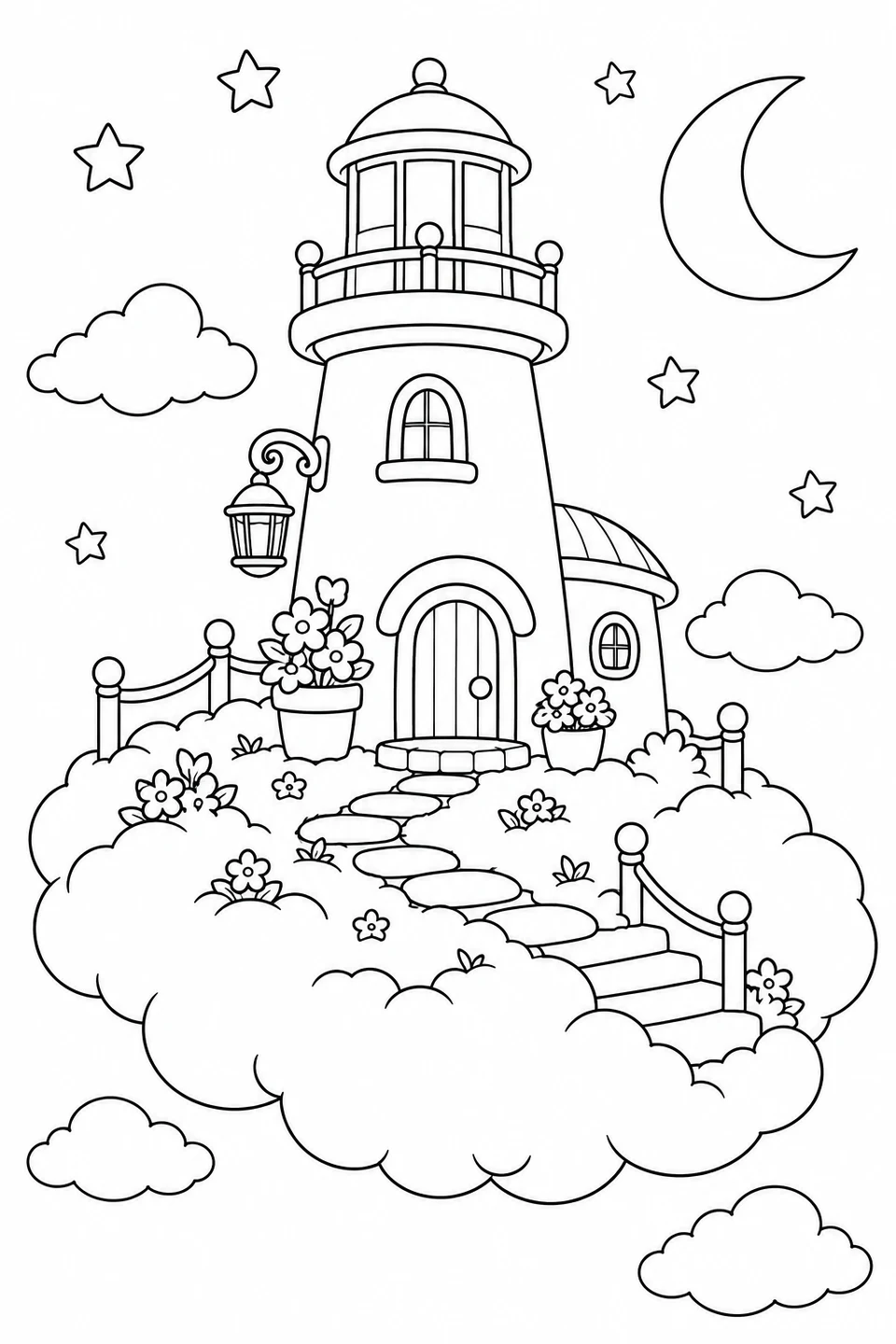 A little lighthouse stands on a cloud island beneath stars and a crescent moon.