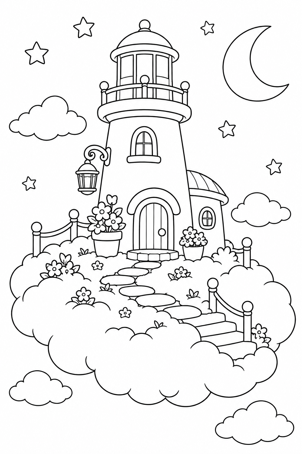 A little lighthouse stands on a cloud island beneath stars and a crescent moon.
