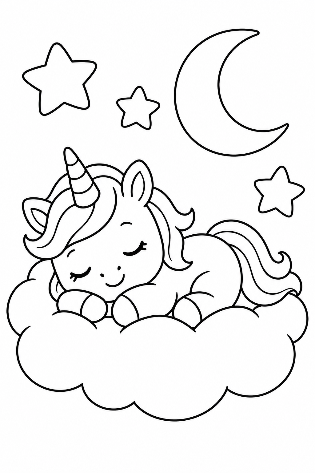 A little unicorn sleeps on a fluffy cloud near the moon and stars.