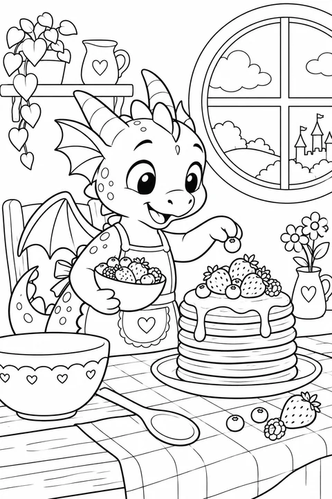 A little dragon adds berries to pancakes at a cozy kitchen table.