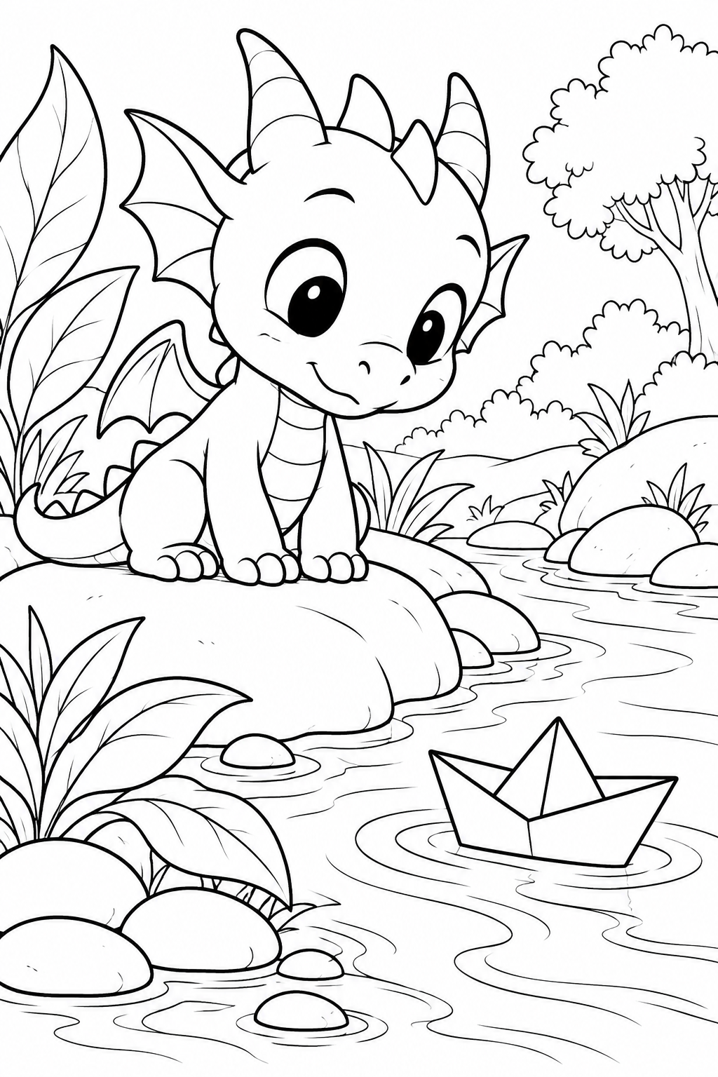 A little dragon watches a paper boat float along a shallow stream.