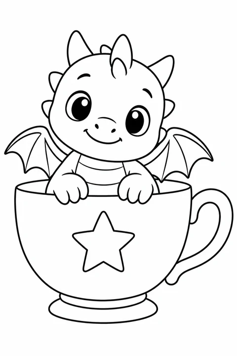 A tiny friendly dragon peeks out of a teacup with a star decoration.