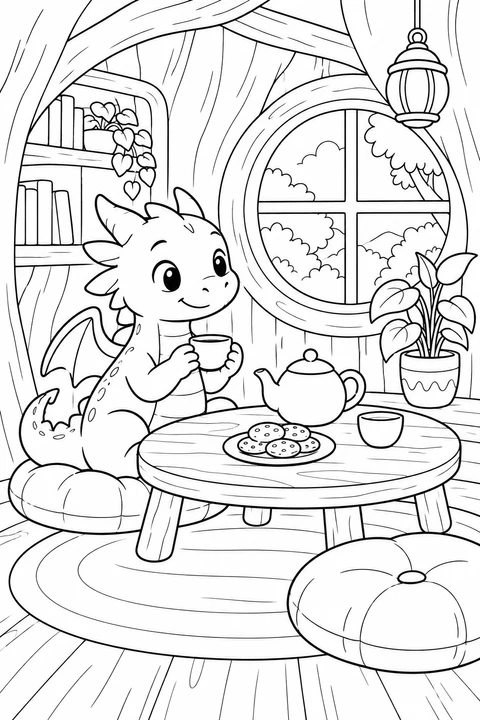 A friendly little dragon sits at a low table with a teapot, cups and cookies in a treehouse nook.