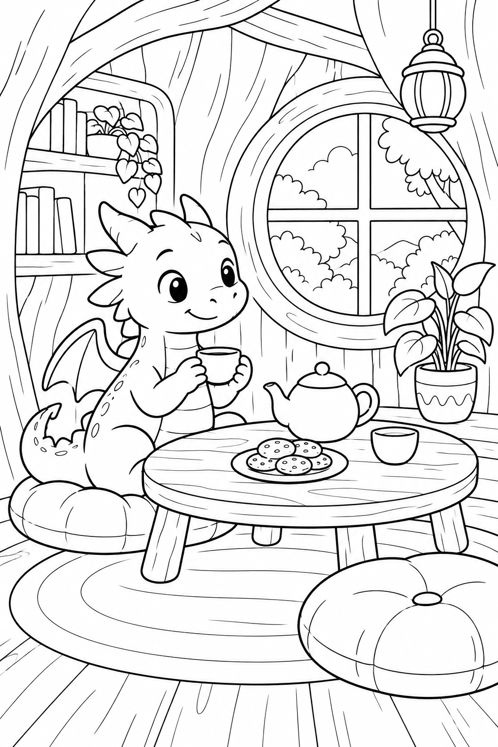A friendly little dragon sits at a low table with a teapot, cups and cookies in a treehouse nook.