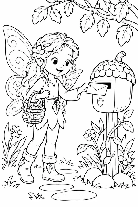 Eine kleine Fee bringt einen Brief zu einem eichelförmigen Gartenbriefkasten.