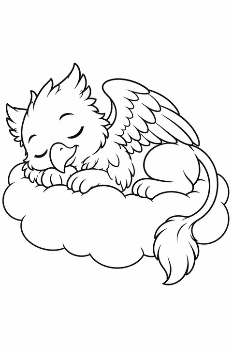 A gentle baby griffin sleeps on a fluffy cloud with its wings folded.