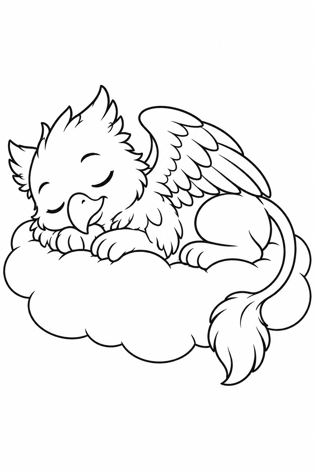 A gentle baby griffin sleeps on a fluffy cloud with its wings folded.