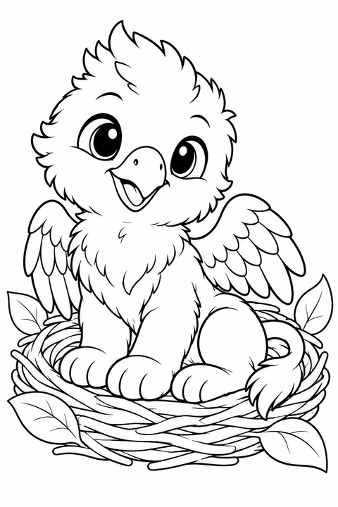 A friendly baby griffin with little wings and lion paws rests in a soft nest.