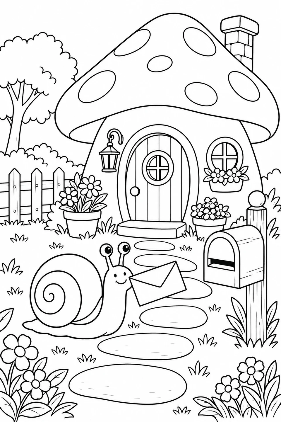A friendly snail brings an envelope to a mushroom cottage with a little postbox.