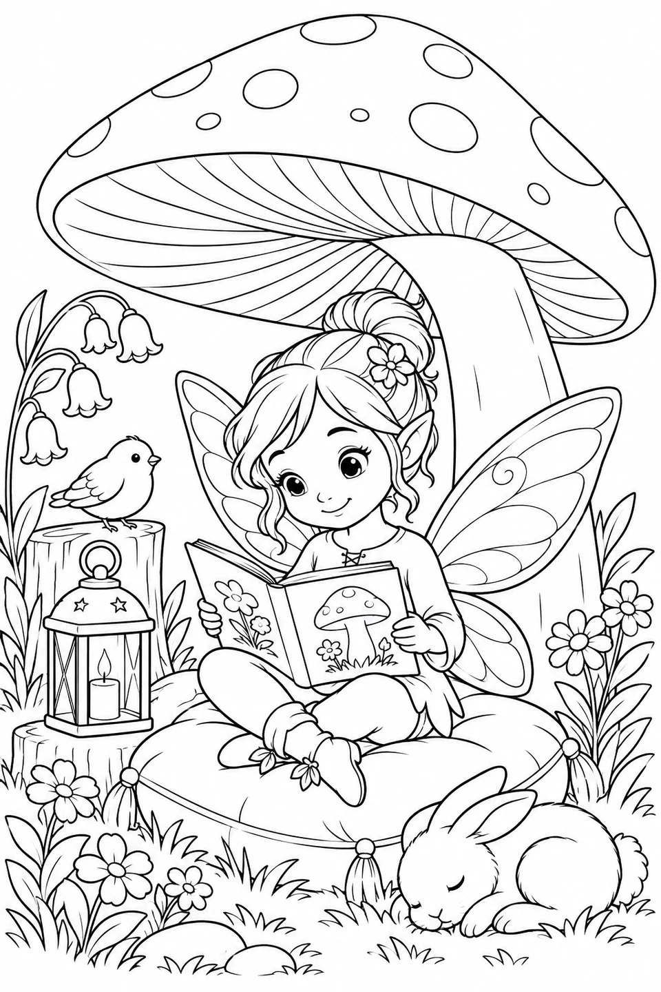 A little fairy reads beneath a mushroom canopy beside a lantern and flowers.