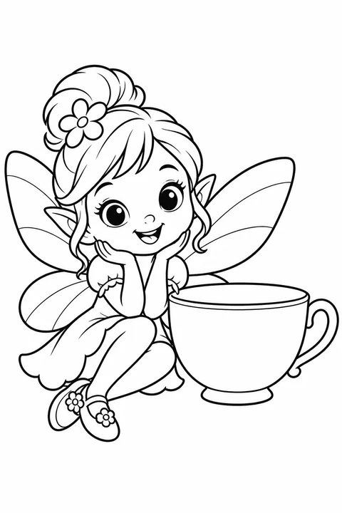 A cheerful little fairy sits beside a large teacup.