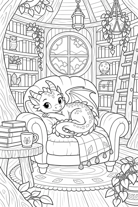 A little dragon rests in a cushioned chair among curved bookshelves and hanging plants.