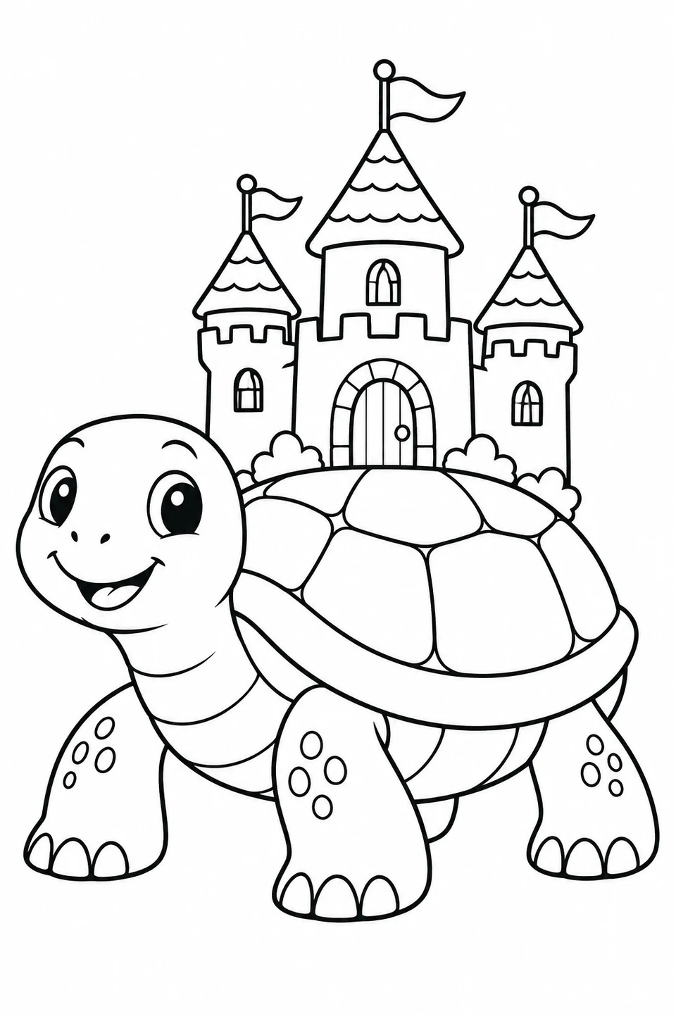 Una simpática tortuga lleva un pequeño castillo con torres y banderas sobre el caparazón.