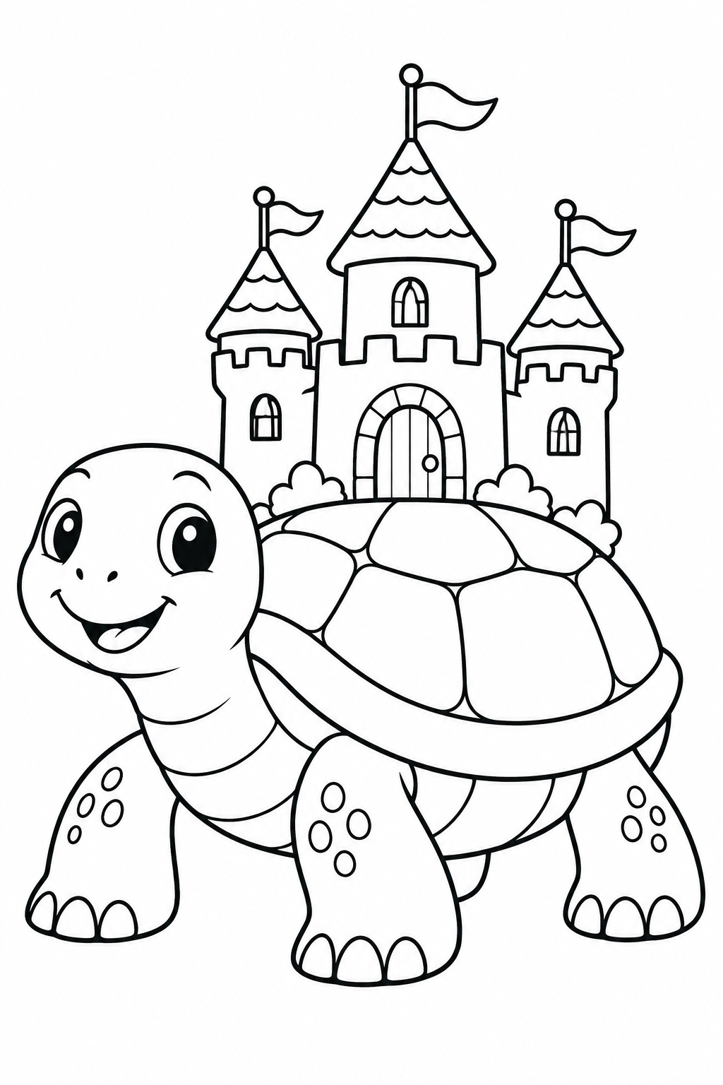 Une gentille tortue porte sur sa carapace un château avec des tours et des drapeaux.