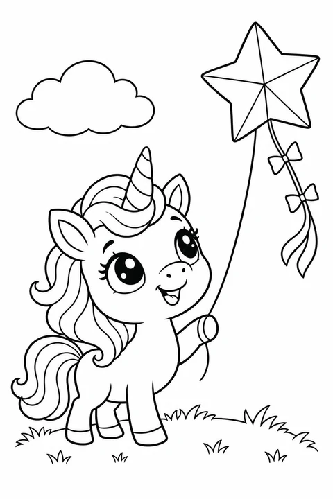 A little unicorn holds the string of a star-shaped kite.