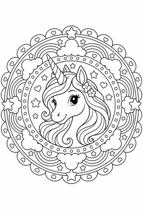 A gentle unicorn is framed by rings of rainbow arches, rounded stars and clouds.