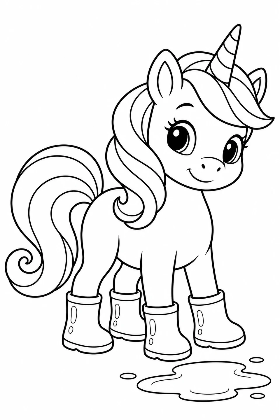 A cheerful unicorn wears rain boots beside a small puddle.
