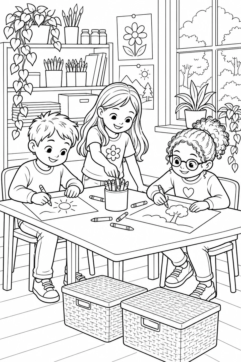 Three children share a pot of crayons while drawing a sun and a tree at a classroom table.