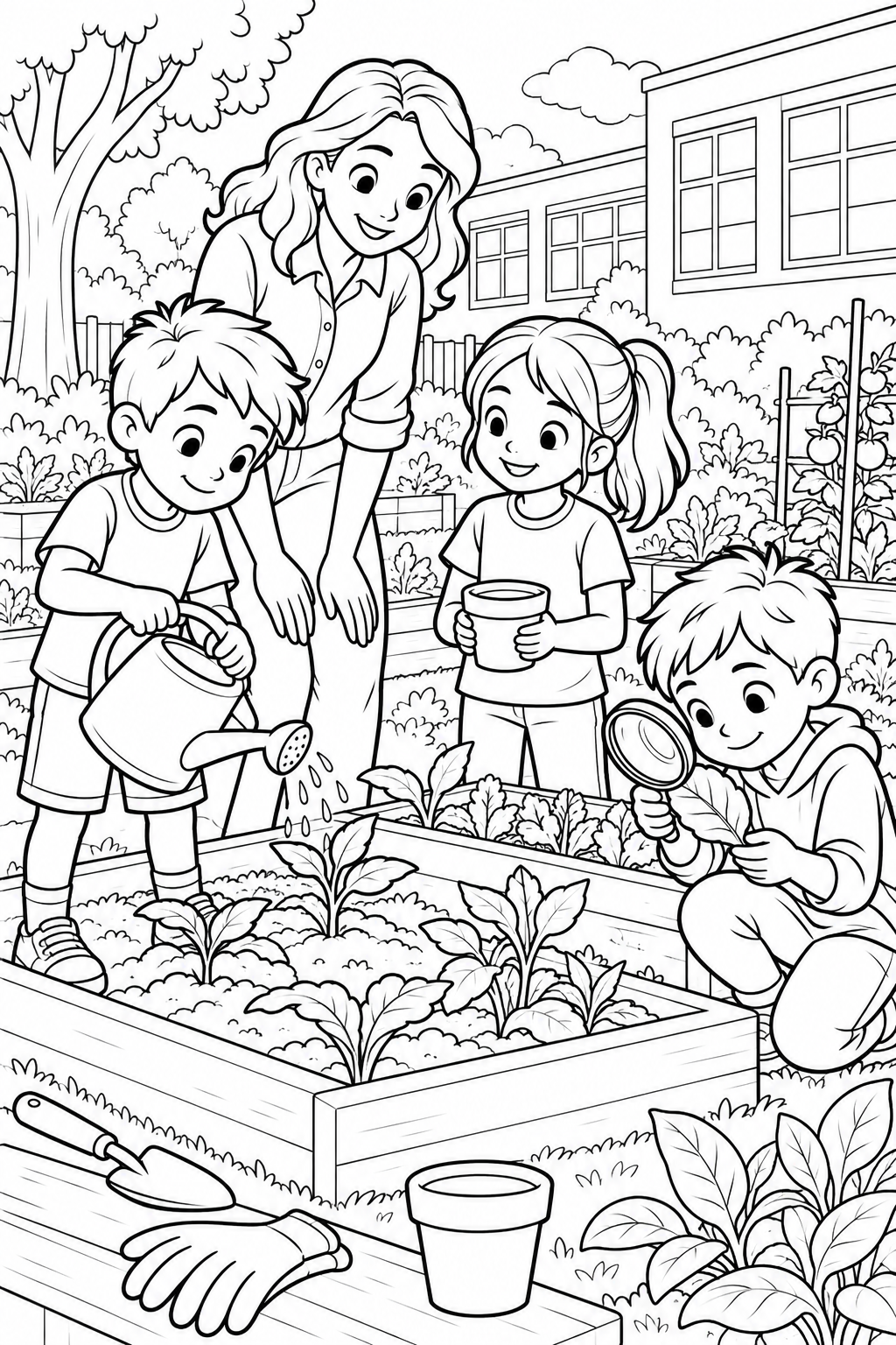 A teacher and three children tend a raised garden bed, with a watering can, a plant pot and a magnifying glass.