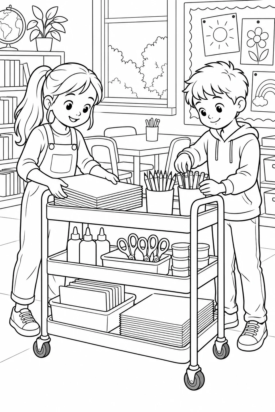 Two children organize a three-tier classroom cart with paper, pencil cups, glue bottles and scissors.