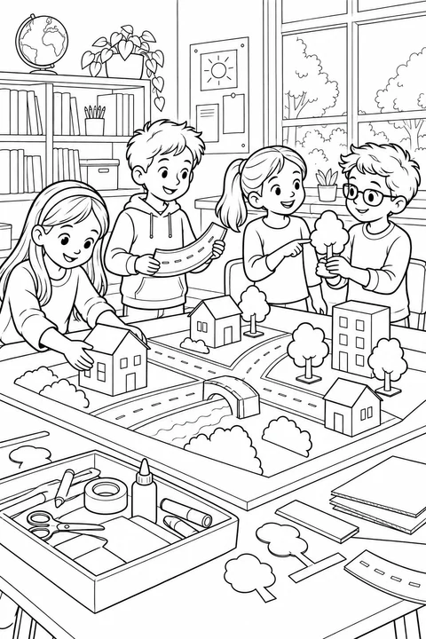 Four children build a cardboard town with little houses, roads, trees and a bridge over a river.