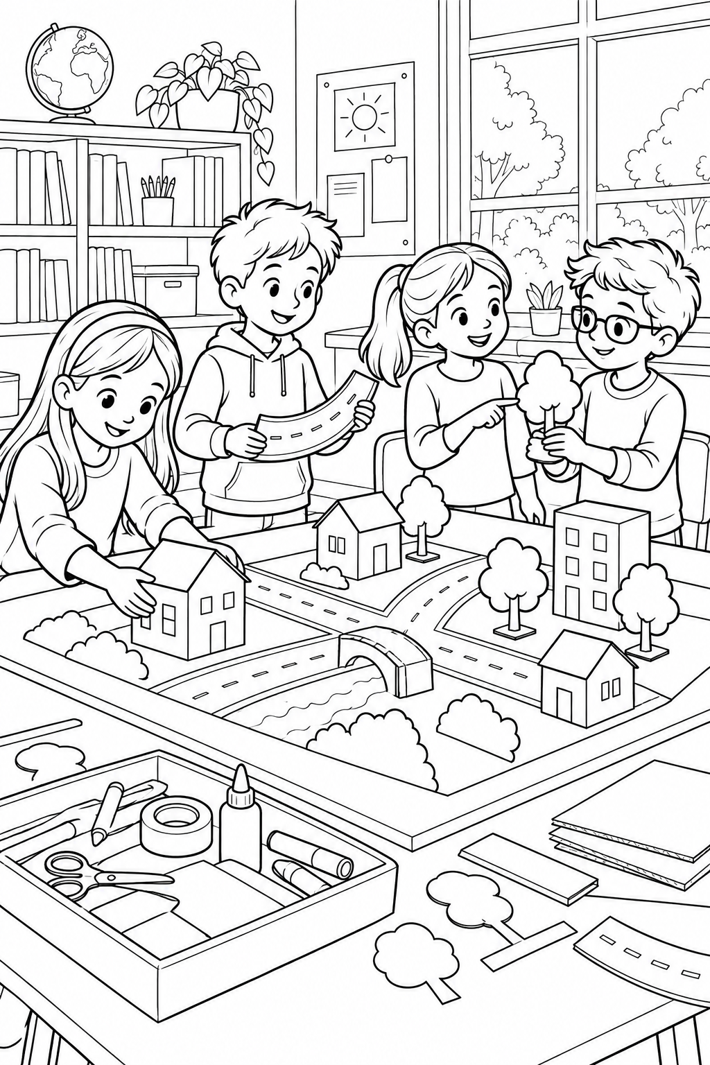 Four children build a cardboard town with little houses, roads, trees and a bridge over a river.