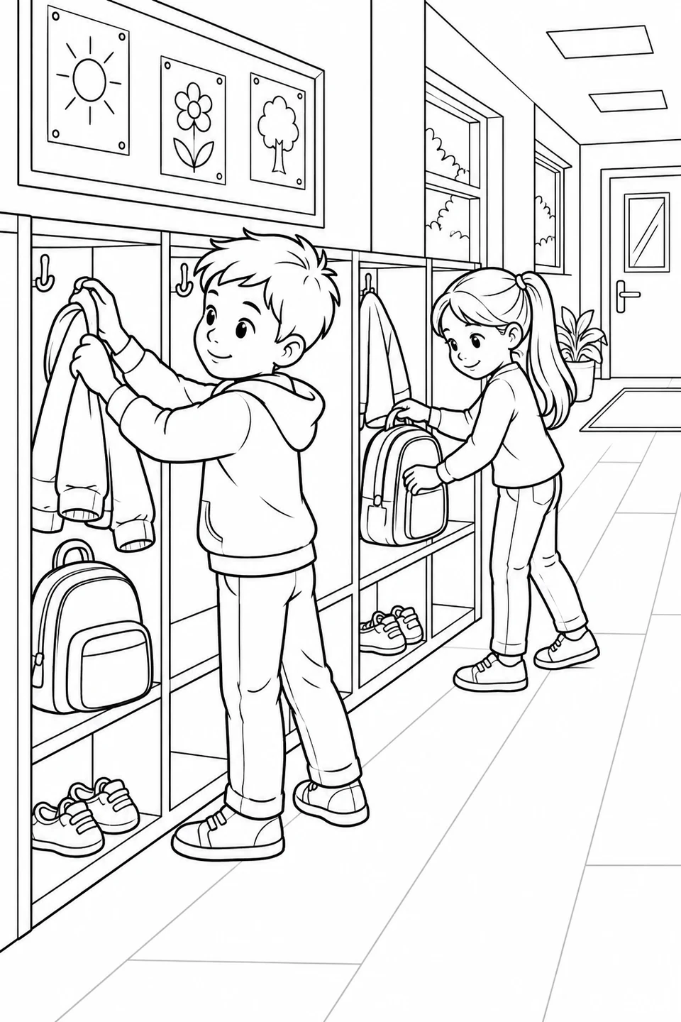 Two children put away a coat and a backpack in open hallway cubbies, with shoes on the lower shelves.