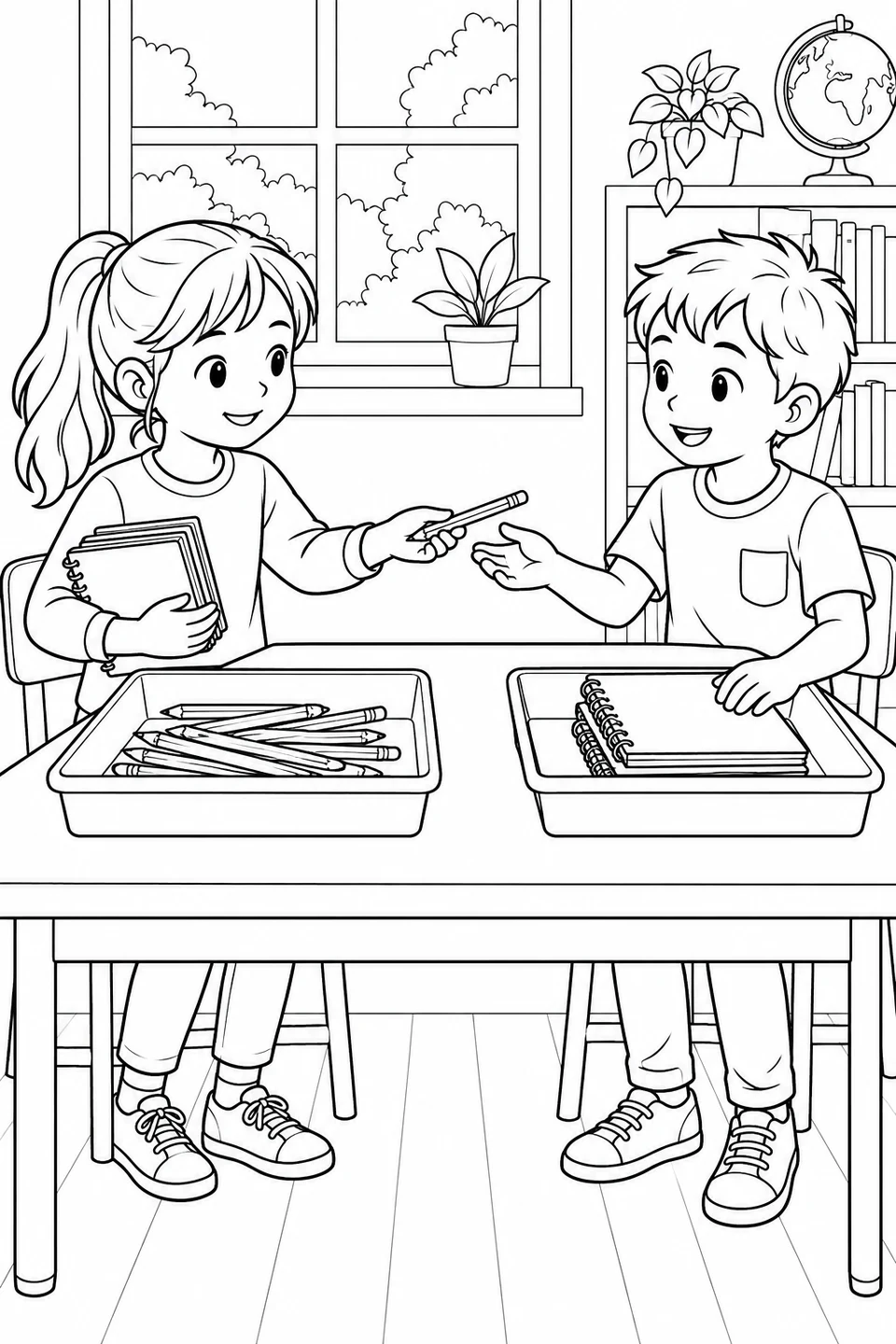 Two classmates share a pencil across a desk with separate trays of pencils and spiral notebooks.