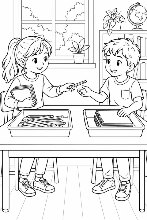 Two classmates share a pencil across a desk with separate trays of pencils and spiral notebooks.