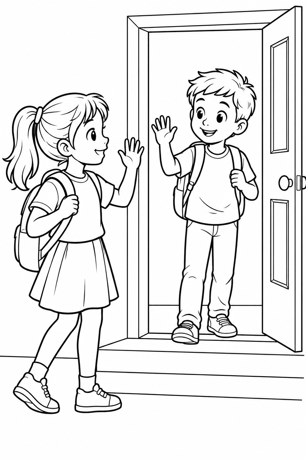 Two children with backpacks smile and wave to each other at an open classroom door.