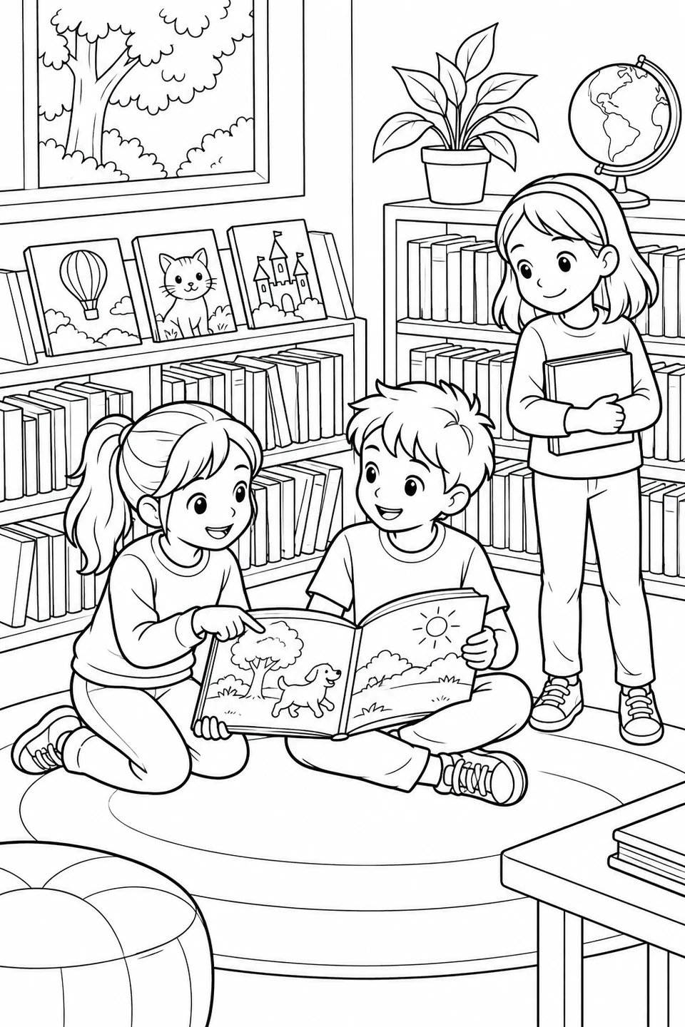Three children choose books in a library; two share an open picture book while another holds a closed book.