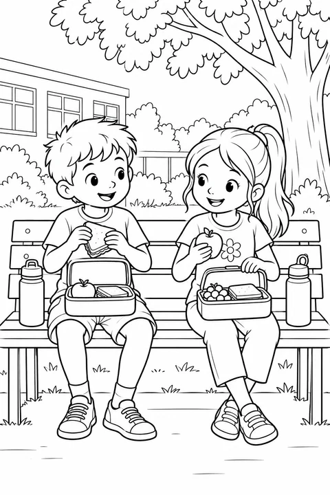 Two friends sit on a bench with open lunch boxes, a sandwich, an apple and water bottles beneath a tree.