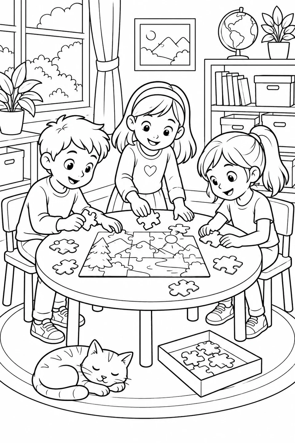 Three children fit a landscape puzzle together on a round table while a cat sleeps on the rug below.