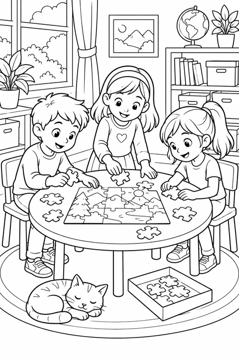 Three children fit a landscape puzzle together on a round table while a cat sleeps on the rug below.