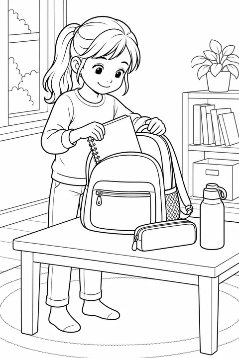 A child slips a spiral notebook into an open backpack beside a pencil case and water bottle.