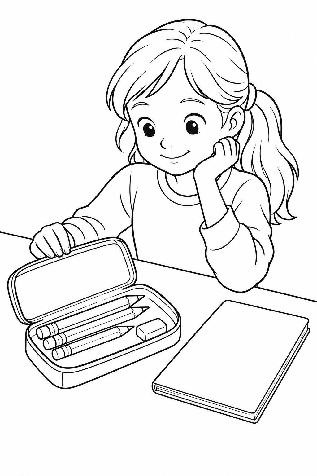 A child sits at a desk with an open pencil case holding three pencils and an eraser beside a closed notebook.