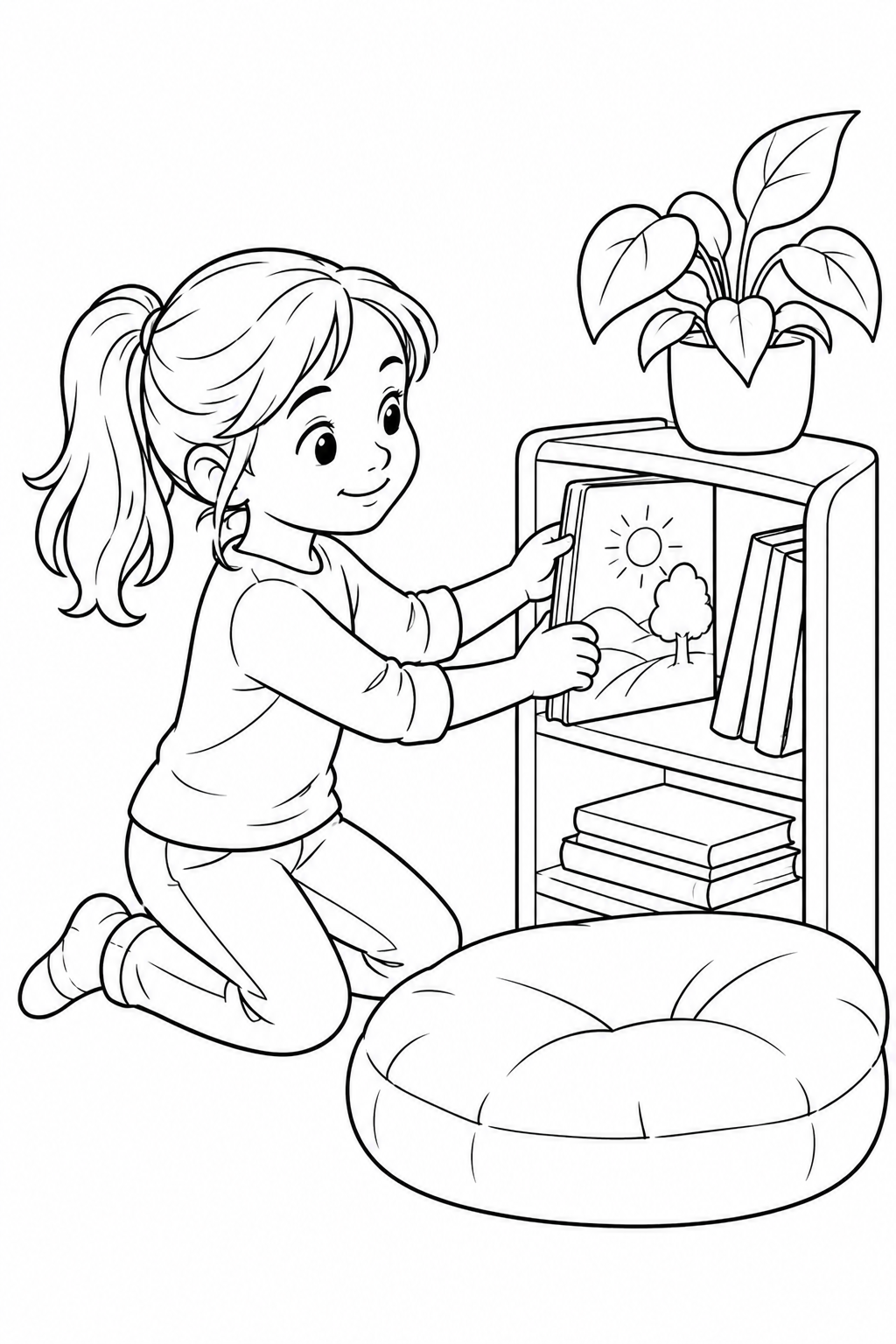 A child kneels beside a low bookshelf and places a picture book on the shelf, with a round floor cushion nearby.
