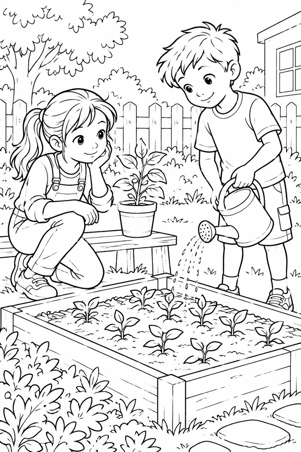 Two children care for a school garden: one waters rows of seedlings while the other watches from a bench beside a potted plant.